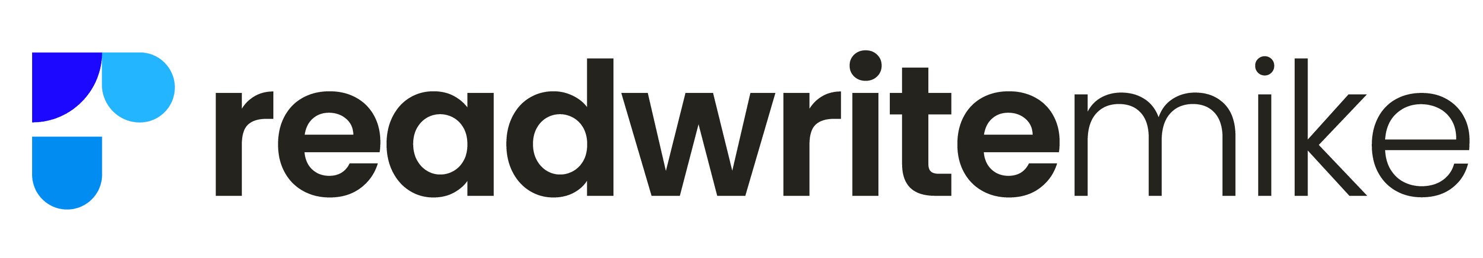 A company logo of readwrite mike in black and blue with transparent background